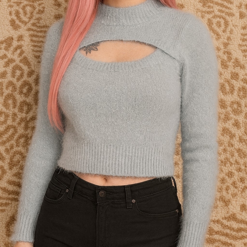 Fuzzy Cutout Long Sleeve Sweater – Soft Ice Blue